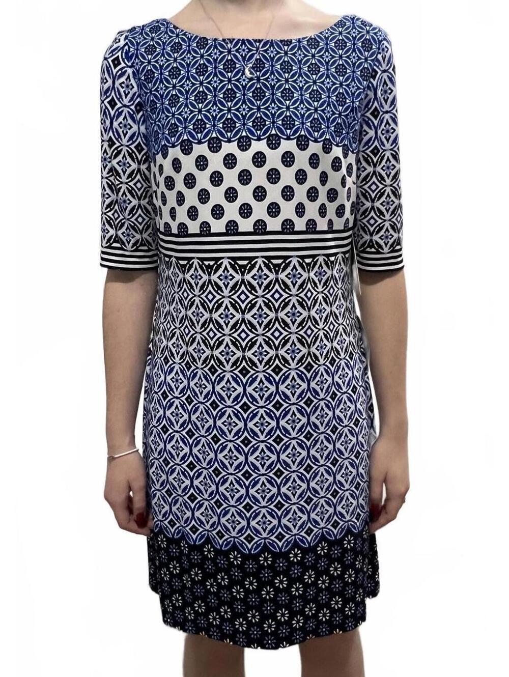 NWT Eliza J Mod Geometric Mosaic Medallion Print Shift Dress Blue White Navy 6